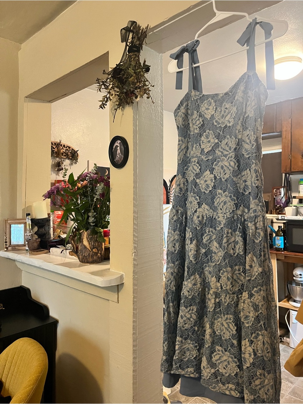 Dusty Blue Floral Lace Maxi Dress with Tie Straps